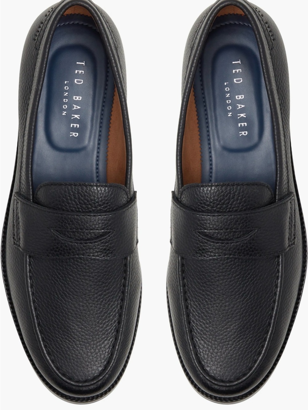 Ted Baker Black Pebble Leather Penny Loafers with Navy Insole